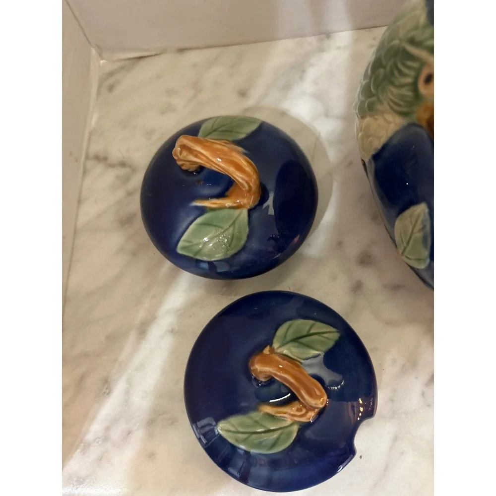 Vtg Majolica Blue Green Partridge and Pear Ceramic Teapot Creamer Sugar 5 pc